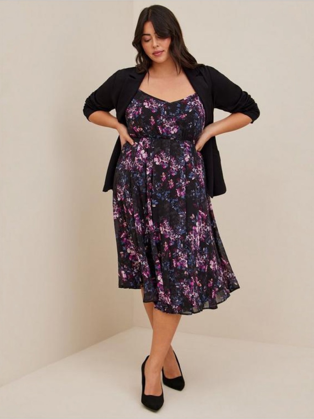 Torrid Size 2X Black Floral Chiffon Midi Dress Sleeveless Pockets